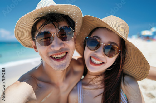 A young Asian couple taking selfie at tropical beach on vacation © Kien