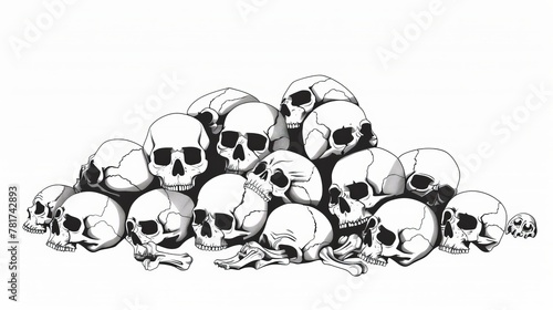 Piles of cartoon skulls and bones black and white, isolated on white background