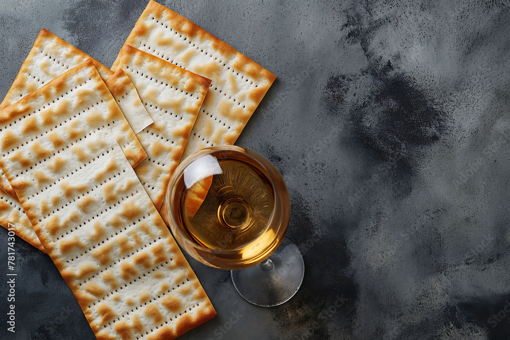 Close-up of Red Wine and Matzah and Delicious Baked Bread, Passover Seder