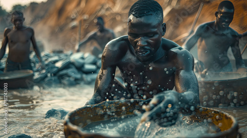 A thin African diamond miner is in the background. Traditional African workers washing diamonds. © NooPaew