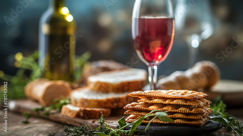 Close-up of Red Wine and Matzah and Delicious Baked Bread  Passover Seder