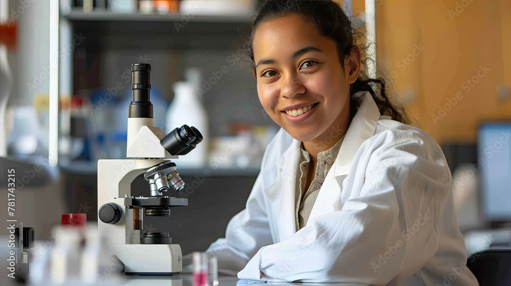 A young woman in a white lab coat is smiling while sitting at a desk with a microscope and test tubes. A young woman in a white lab coat is smiling while sitting at a desk with a microscope and test tubes.