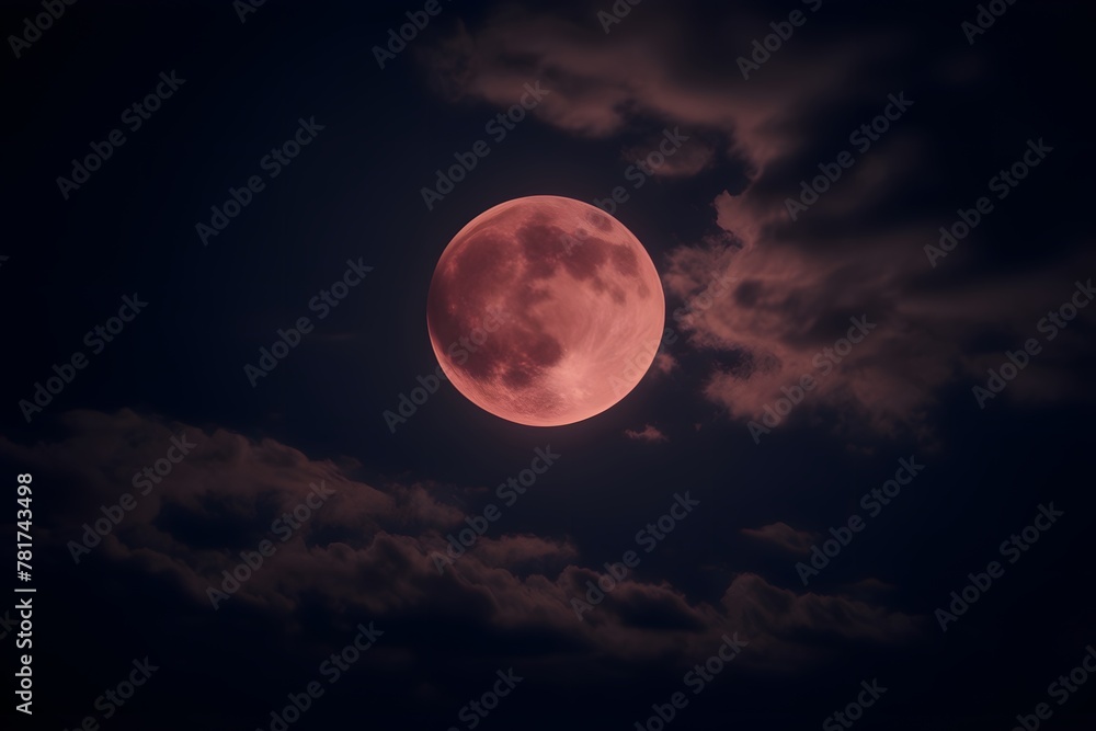 Lunar eclipse in sky with clouds, Full view of lunar moon eclipse in cloudy sky