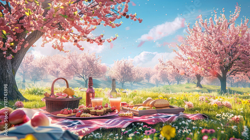 An image depicting a joyful spring picnic scene in a blooming park, with a spread of seasonal delights under a clear blue sky, evoking the leisure and pleasure of springtime outings.