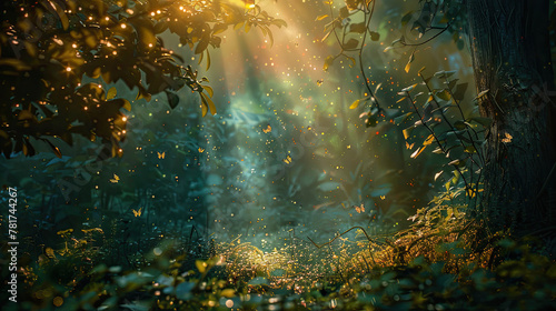 An image depicting a magical moment in an enchanted forest, where the natural world seems alive with mystical creatures and ethereal light, inviting the viewer into a world of wonder and fantasy. © NooPaew