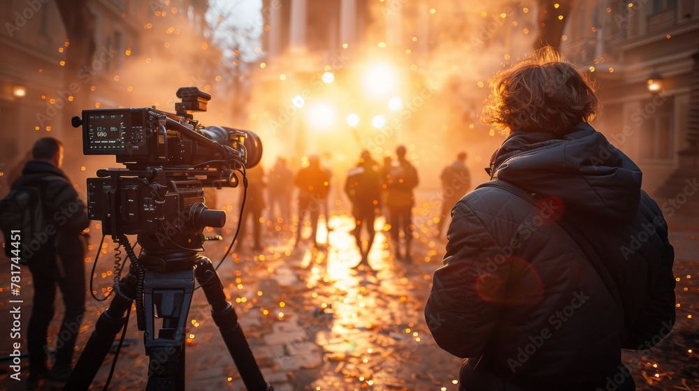 Fototapeta premium Film set - director, cinematographer and actors working on the cinema, wide angle.
