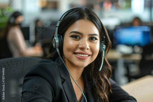 Portrait of Latin American business woman, office worker looking at camera and smiling, using headset and laptop for remote online communication, customer support tech call center, Generative AI