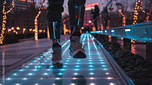 An unrecognizable disabled athlete walks on a lighted walkway with a bionic prosthetic leg that uses robotic technology.