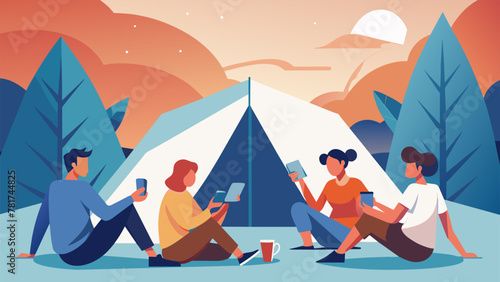 A group of friends huddled around a campfire passing around a wellloved set of playing cards their phones forgotten in the tent.