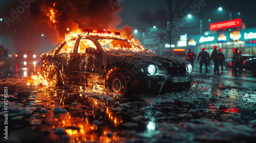 Firefighters and police officers extinguish a vehicle fire in the middle of the night. photo
