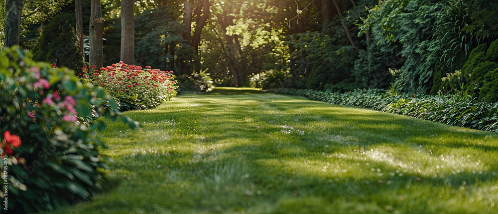 custom made wallpaper toronto digitalBeautiful manicured lawn and flowerbed with deciduous shrubs on plot or Park outdoor. Green lawn closely mowed grass.