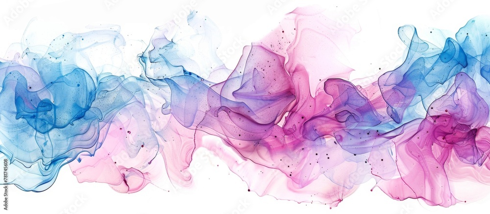 Vivid close-up image capturing the intricate details of a painting created with vibrant blue and pink ink strokes