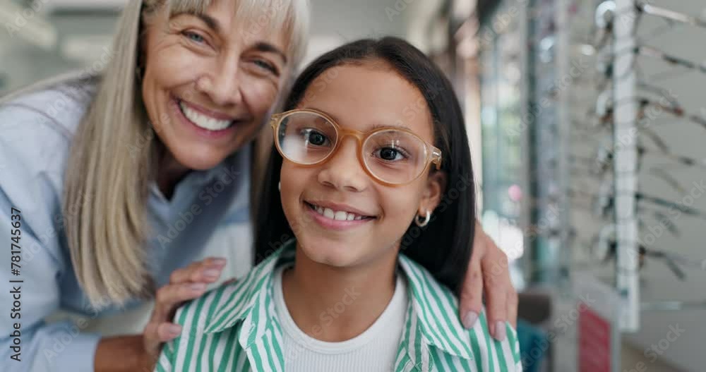 Shopping, glasses or face of child with doctor for eye care, retail and vision for help or choice. Woman, kid or portrait of girl with optician or lens for new frames or optometry for prescription Shopping, glasses or face of child with doctor for eye care, retail and vision for help or choice. Woman, kid or portrait of girl with optician or lens for new frames or optometry for prescription