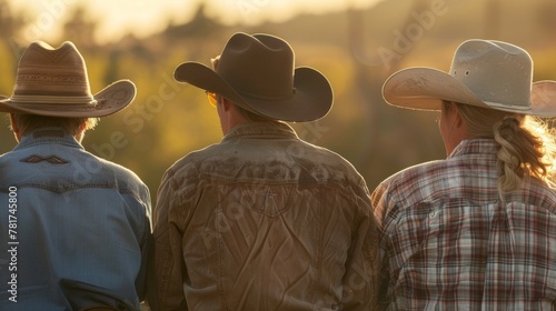 A group of cowboys and cowgirls huddle together backs to the camera as they plan out next ride. The warmth of the sun . .
