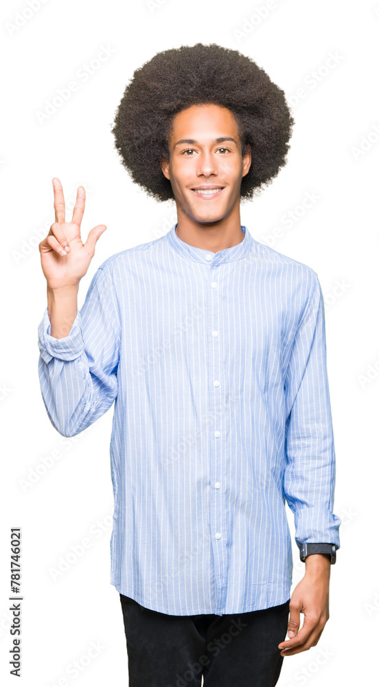 Young african american man with afro hair showing and pointing up with fingers number three while smiling confident and happy. Young african american man with afro hair showing and pointing up with fingers number three while smiling confident and happy.