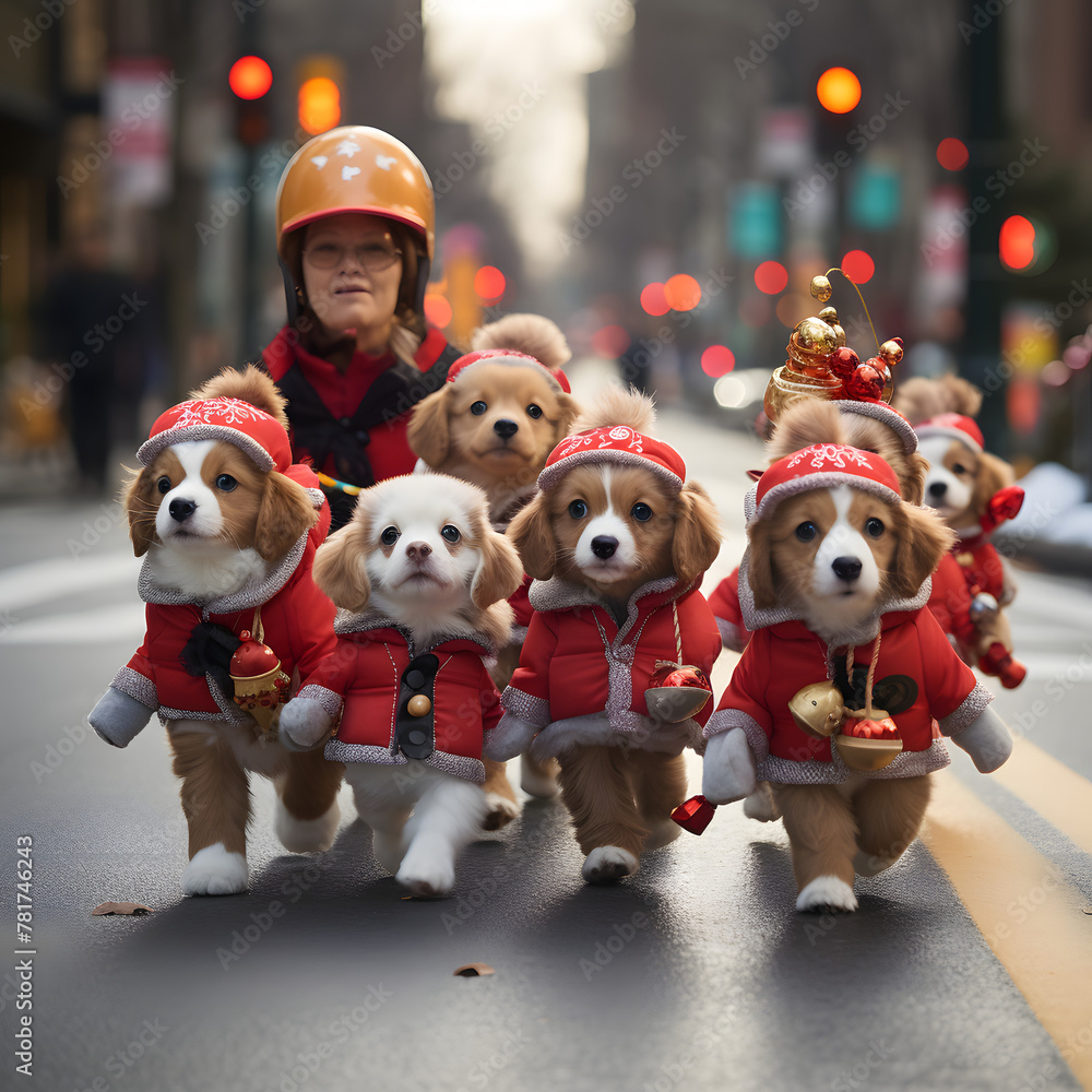 A group of small dogs are dressed in red and white clothing