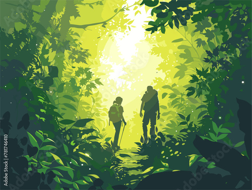 Enchanted Wander: Hikers Sojourn Amidst a Vibrant Forest Canopy