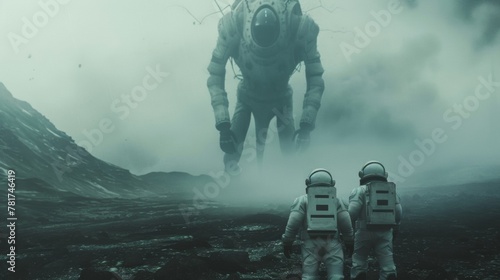 A tense moment of hesitation as two astronauts back to camera face an incredible extraterrestrial being emerging from a misty otherworldly . . photo