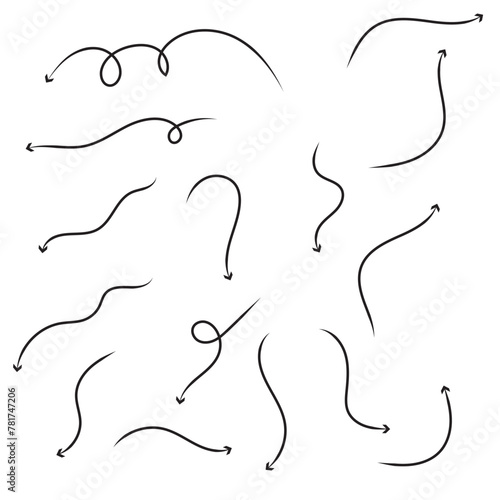 Arrow vector. Curly arrows. Vector wavy arrows. Pointy arrows with swirls and curls isolated on a white background