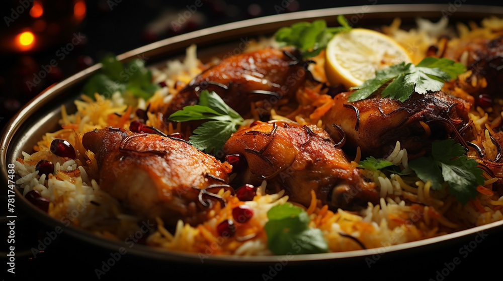 Wide photograph of delicious biriyani dish on a restaurant table in dark background Wide photograph of delicious biriyani dish on a restaurant table in dark background