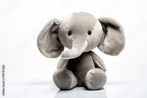 Adorable cartoonish elephant plushie, with big ears and a trunk, against a spotless white backdrop, symbolizing gentleness and wisdom.
