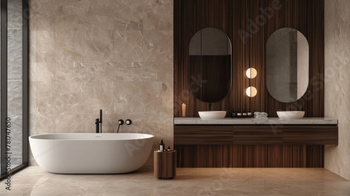 The bathroom exudes luxury with a deep soaking tub set against a wall of textured dark wood paneling. The double vanity is topped with a sleek marble countertop and adorned with minimalist .