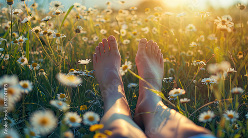 Legs of relaxing girl lying on the spring blooming meadow. photo
