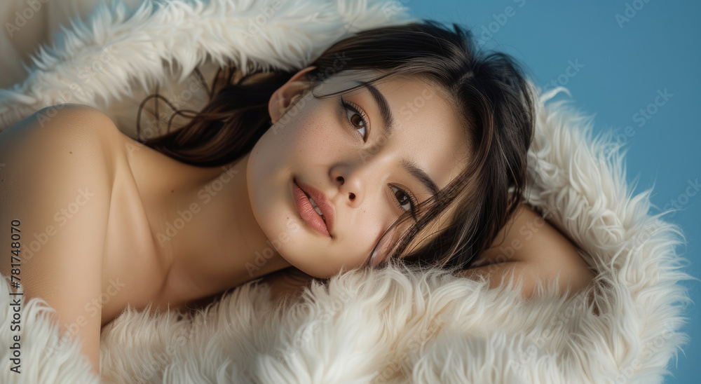 beautiful Japanese woman laying on white fur blanket, beautiful face and eyes, smooth skin, relaxed pose