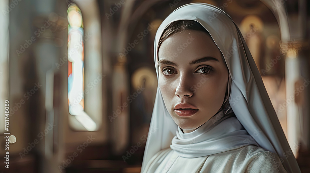 Portrait of beautiful nun in church created. Portrait of beautiful nun in church created.