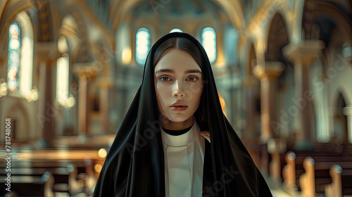 Portrait of beautiful nun in church created.
