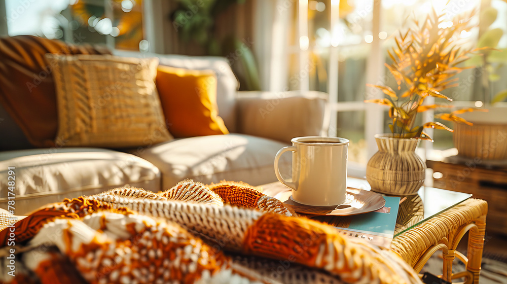 Cozy Autumn Morning, A Warm Mug and Blanket Offering Comfort and Warmth in a Stylish Living Space