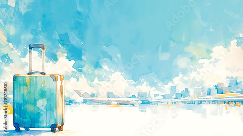 海外旅行のイメージの空港とスーツケースの水彩イラスト © Hanasaki