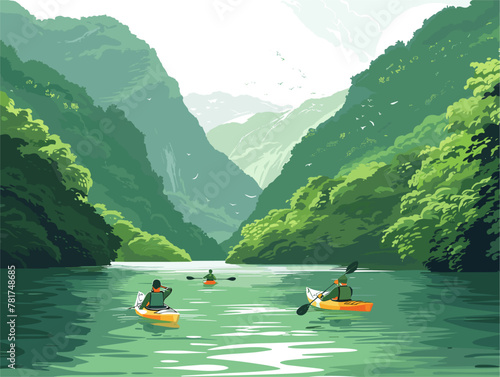 Pristine River Adventure: Kayakers Embark on an Eco-Friendly Journey Amidst Majestic Peaks