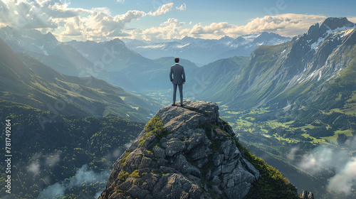 Successful Business man standing on the top of the mountain looking at the view. Business success concept.