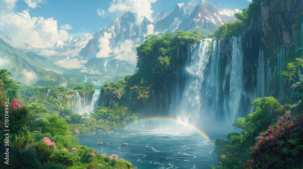 Mesmerizing view of a massive waterfall creating rainbow sprays in the sunlight