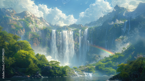 Mesmerizing view of a massive waterfall creating rainbow sprays in the sunlight