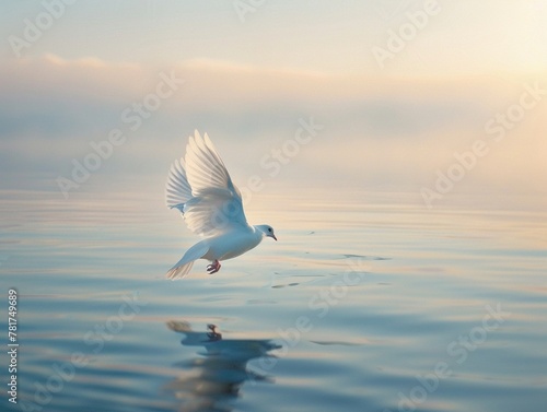 A gentle dove soaring above a calm sea photo