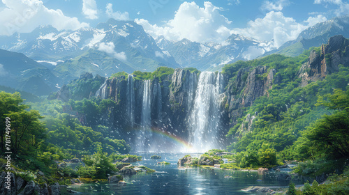 Mesmerizing view of a massive waterfall creating rainbow sprays in the sunlight