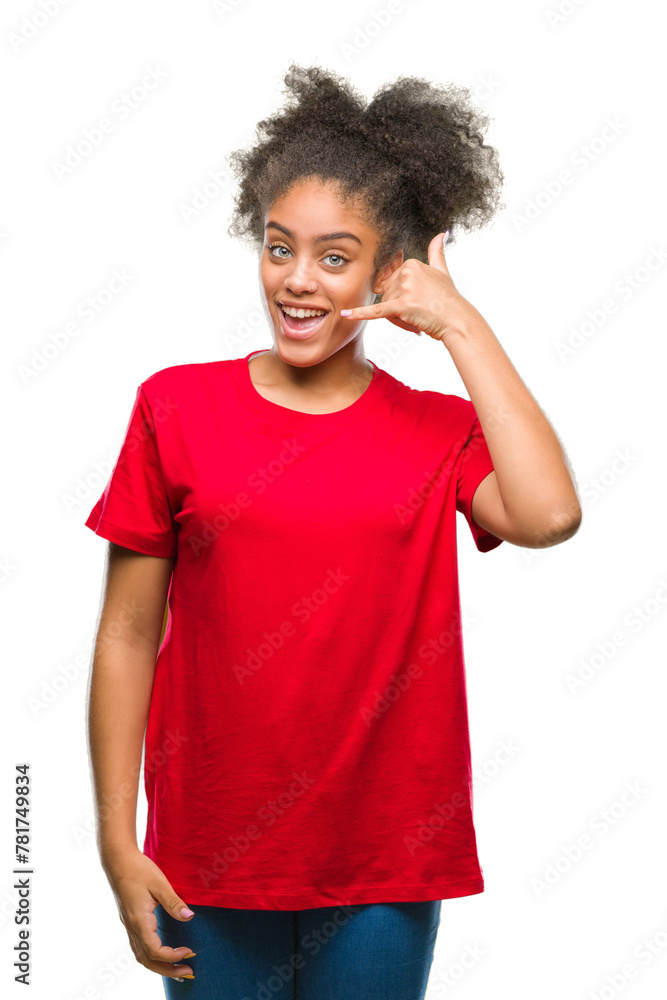 Young afro american woman over isolated background smiling doing phone gesture with hand and fingers like talking on the telephone. Communicating concepts. Young afro american woman over isolated background smiling doing phone gesture with hand and fingers like talking on the telephone. Communicating concepts.