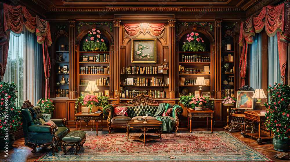 Cozy Vintage Library Room, Antique Books and Armchair, Quiet Study Space with Classic Charm