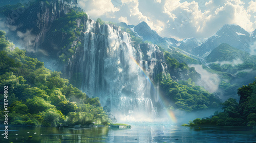 Mesmerizing view of a massive waterfall creating rainbow sprays in the sunlight