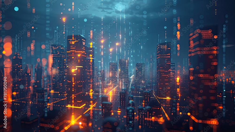 A futuristic city skyline with data streams and digital connections