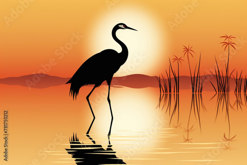 Elegant crane silhouette  with its long neck and graceful posture  symbolizing balance  focus  and tranquility.