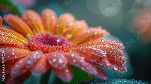 A close-up view of a flower with a glistening dewdrop on its petal, reflecting the morning light