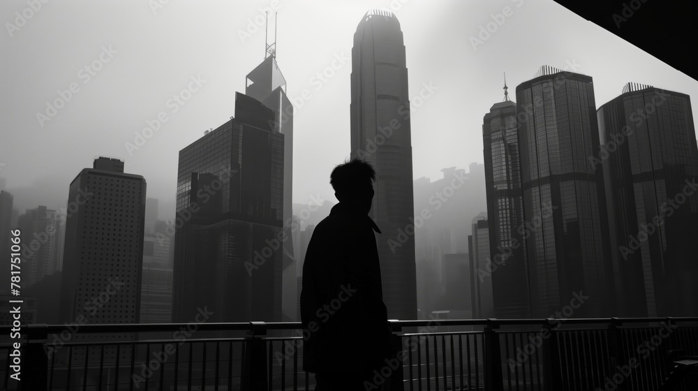 A man stands on a balcony overlooking a city A man stands on a balcony overlooking a city