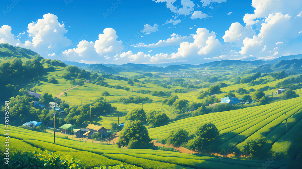 This painting depicts a lush green valley filled with tea plantations. 