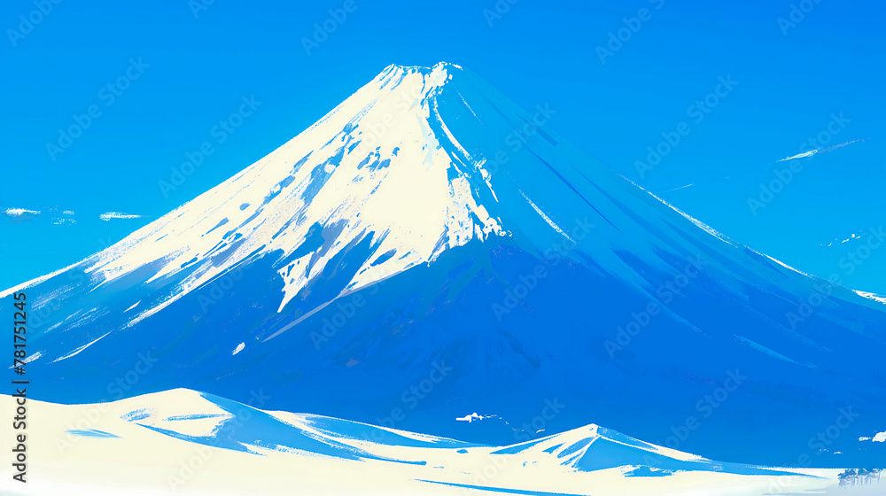 A majestic image of Mount Fuji, an iconic volcano in Japan, with a snow-capped peak and clear blue sky.