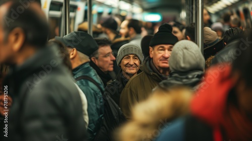 A crowded subway car with a man in a hat and a woman with a backpack