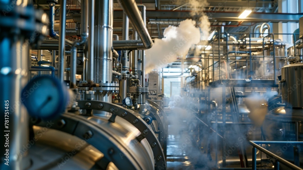 Inside the biofuel production facility a network of tubes and pipes weave throughout the room carrying various liquids and gases. The steam rising from the boiling vats illustrates .