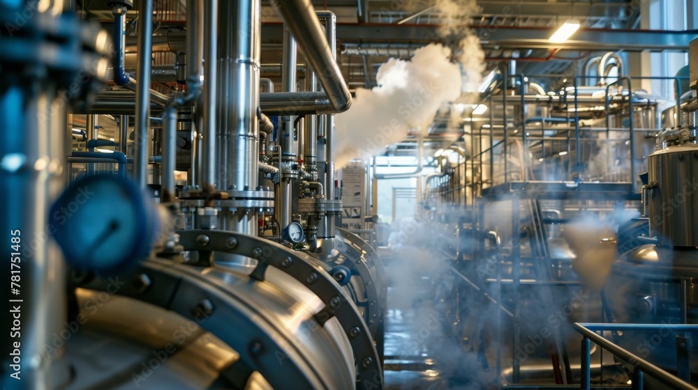 Inside the biofuel production facility a network of tubes and pipes ...